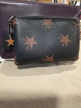 Coach Leather Star Print Wristlet Pouch - Black & Brown With 2 Extra Metal Charm